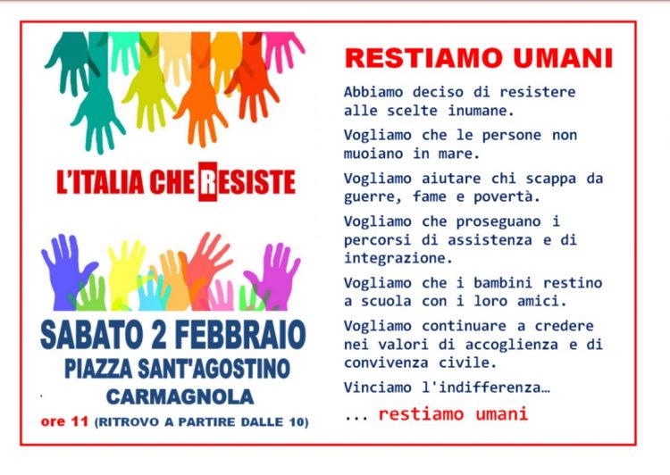 “Italia che resiste” raggiunge Carmagnola sabato 2 febbraio in piazza Sant’Agostino