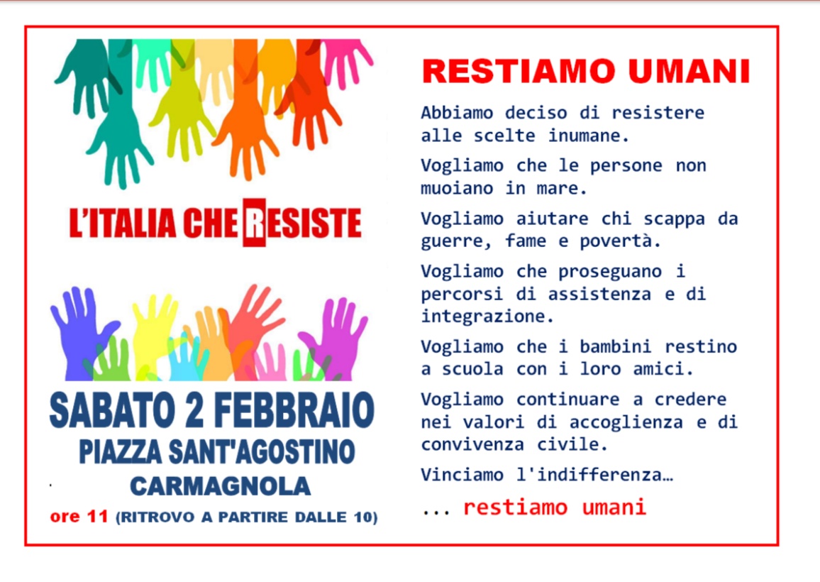 “Italia che resiste” raggiunge Carmagnola sabato 2 febbraio in piazza Sant’Agostino