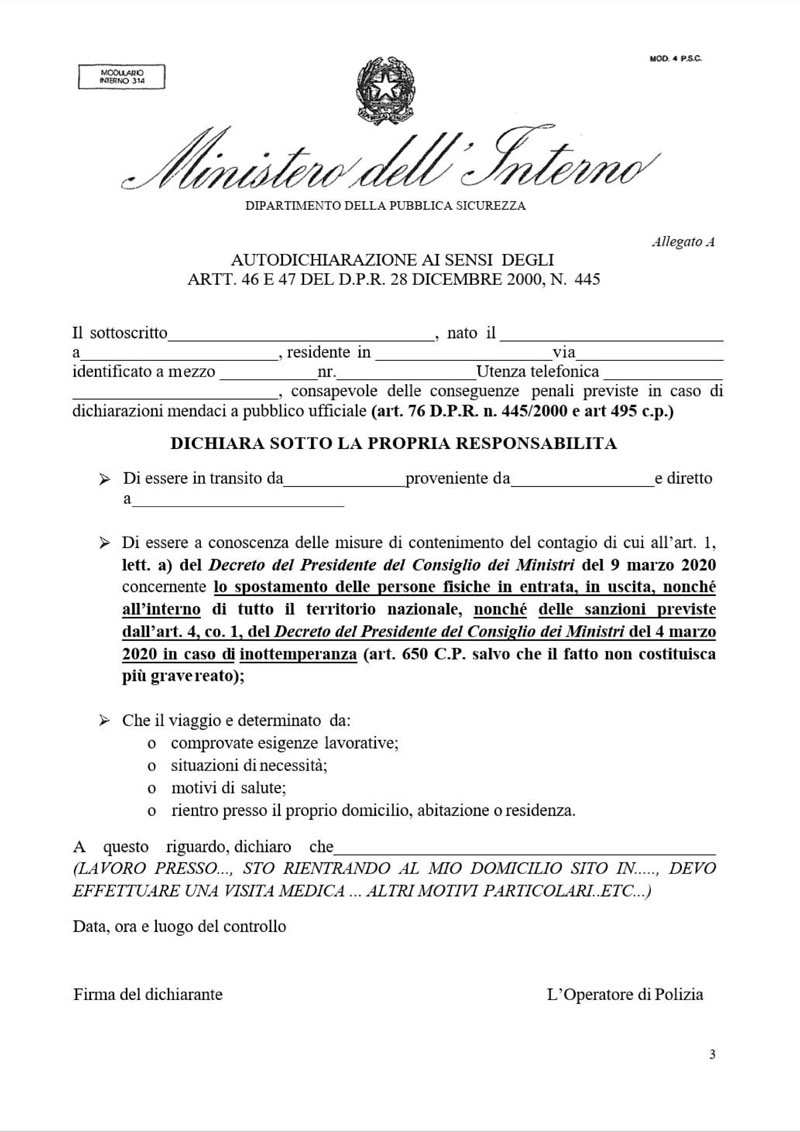 Questo è il modulo di autocertificazione