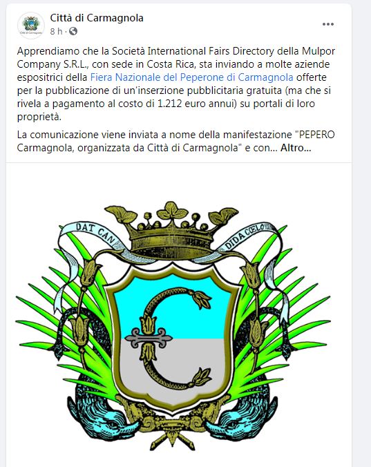 “Attenzione: la Fiera del Peperone è organizzata solo da Città di Carmagnola e Totem”. Il Comune avvisa gli espositori