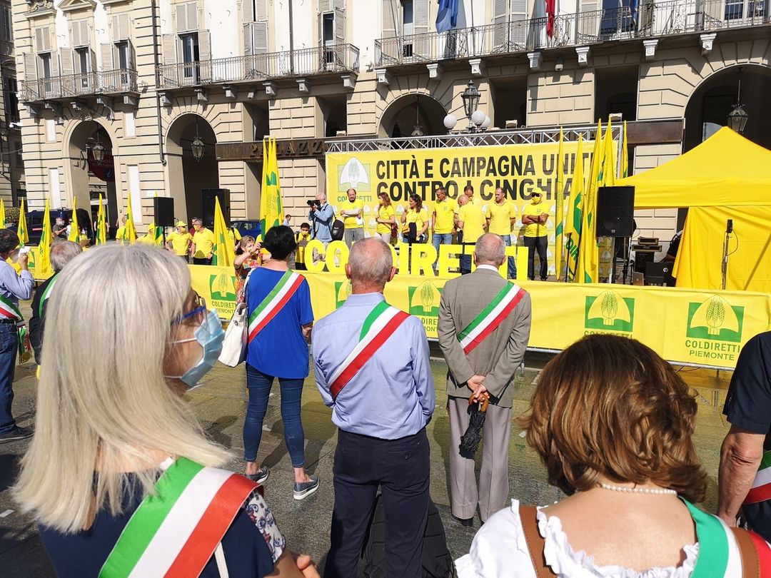 CARMAGNOLA – Il sindaco in piazza con Coldiretti per protestare contro i danni da cinghiali