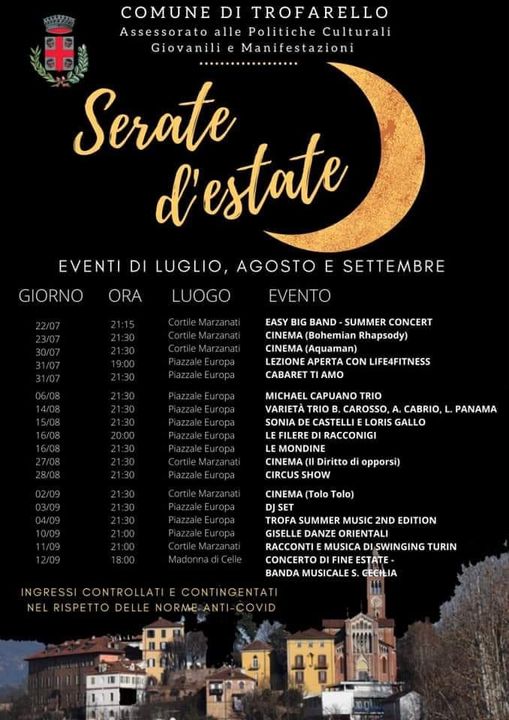 Sere d’Estate a Trofarello dal 22 luglio al 12 settembre. Ingresso libero