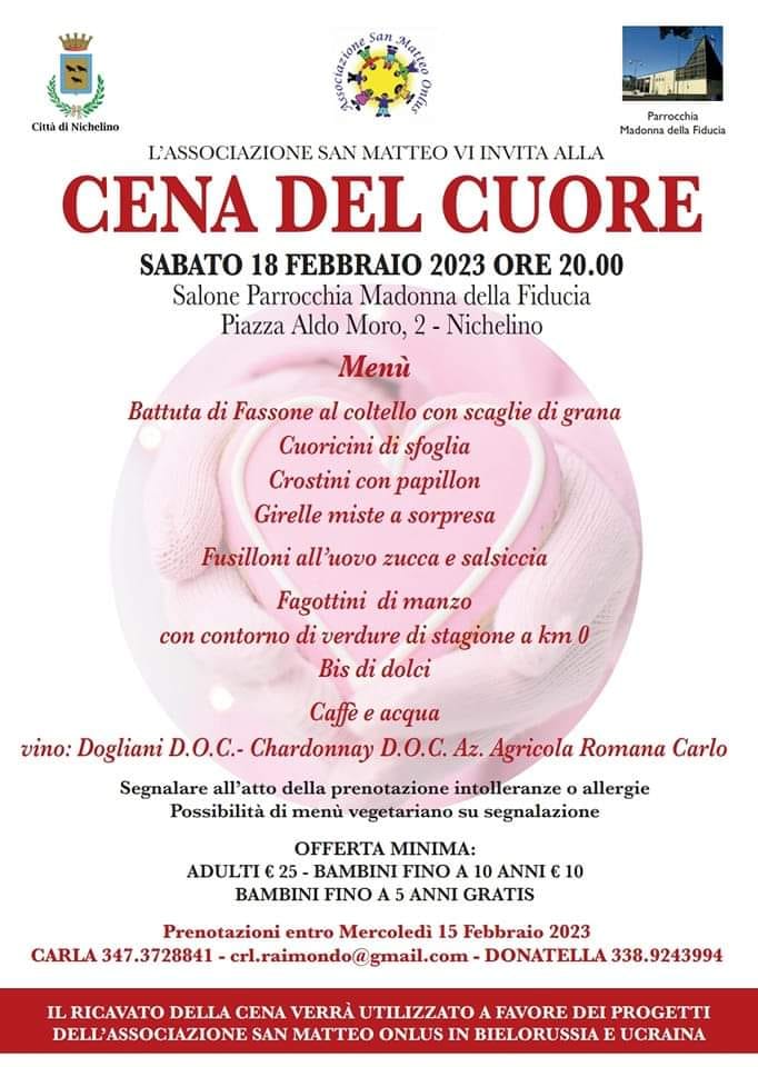 Sabato 18 febbraio a Nichelino c’è “La Cena del Cuore”