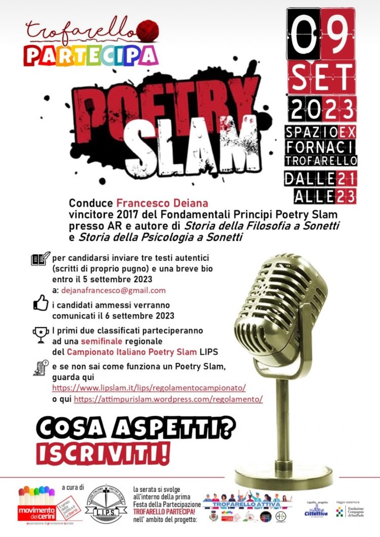 Sabato 9 settembre “Trofarello Partecipa”: una giornata di festa tra scambio di libri, focus e merenda sinoira. Gran finale con il Poetry Slam