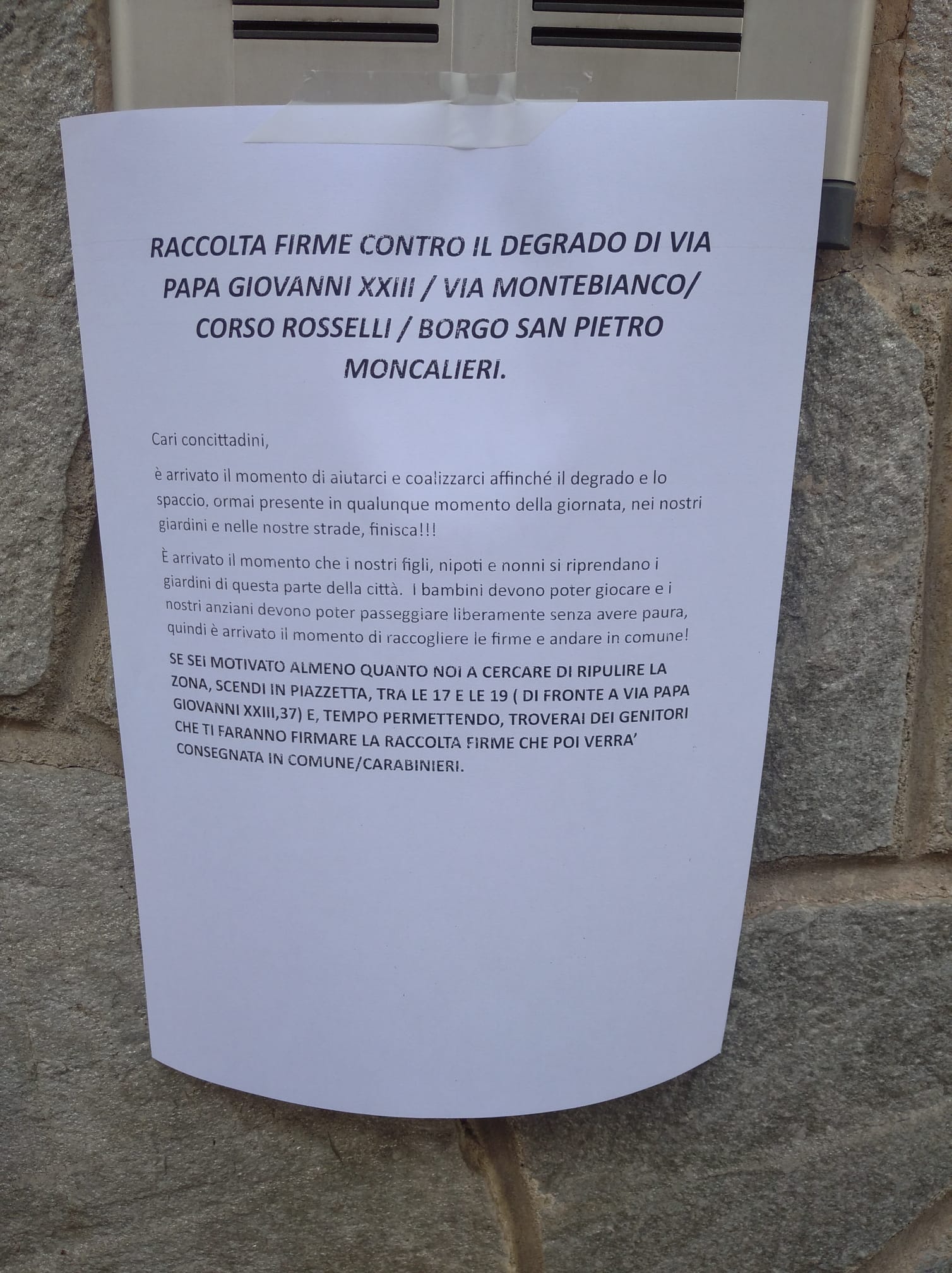 MONCALIERI – Spaccio a Borgo San Pietro, petizione pubblica di protesta dei residenti