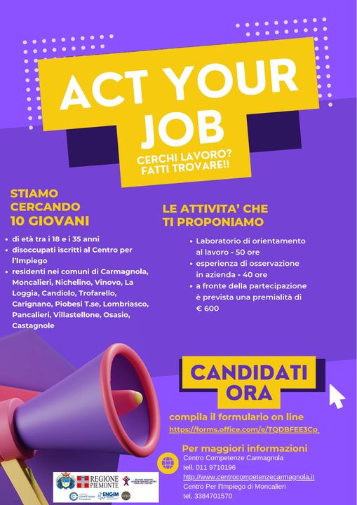 CARMAGNOLA – Aperte le nuove candidature di ‘Act Your Job’