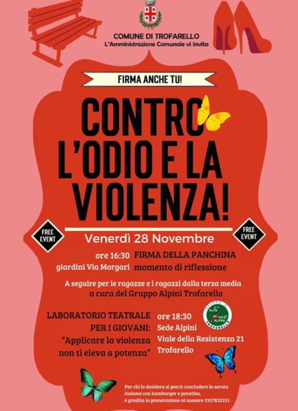 Il 28 novembre due iniziative contro la violenza di genere a Trofarello