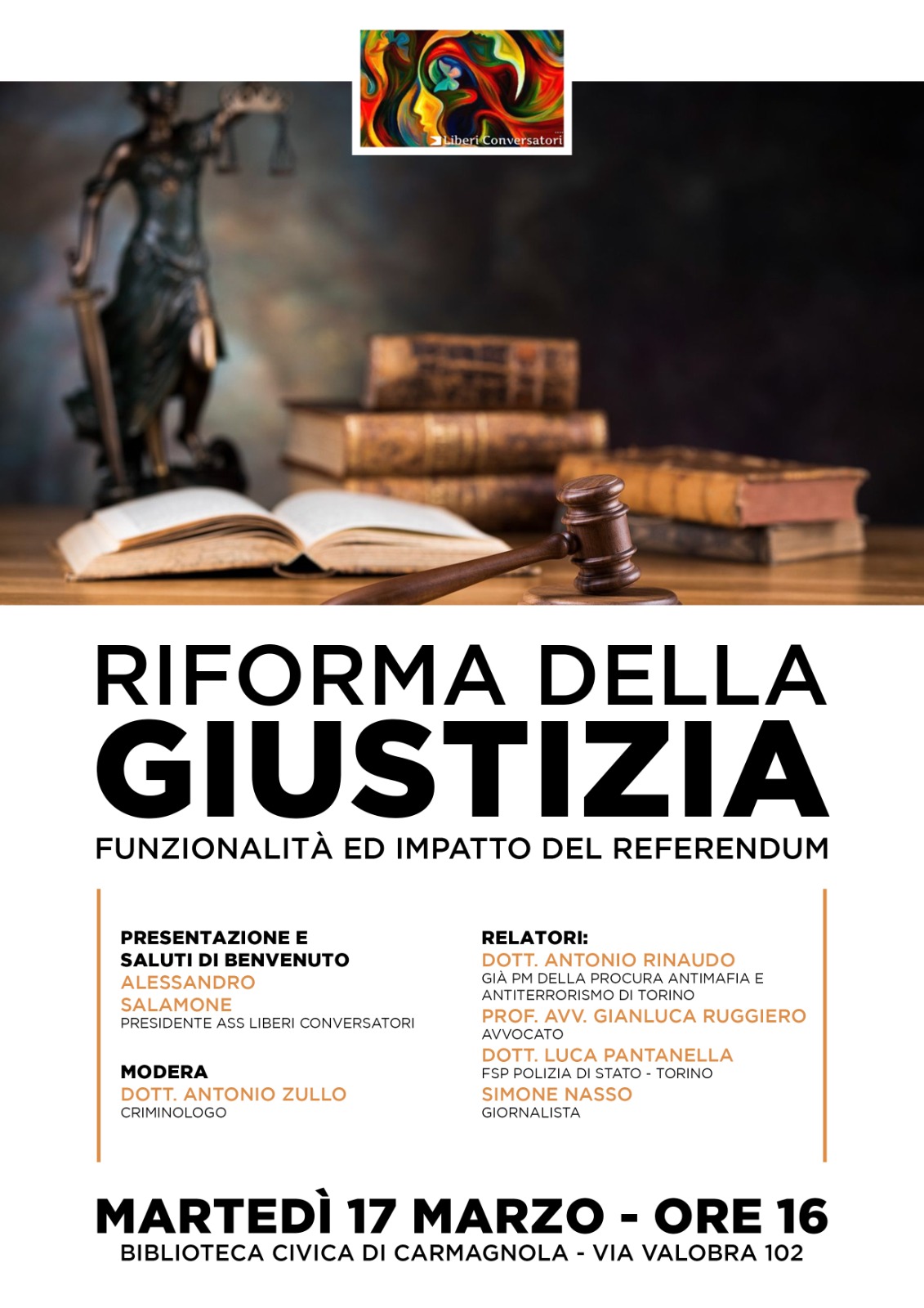 Martedì 17 marzo dibattito a Carmagnola per approfondire il referendum sulla riforma della magistratura