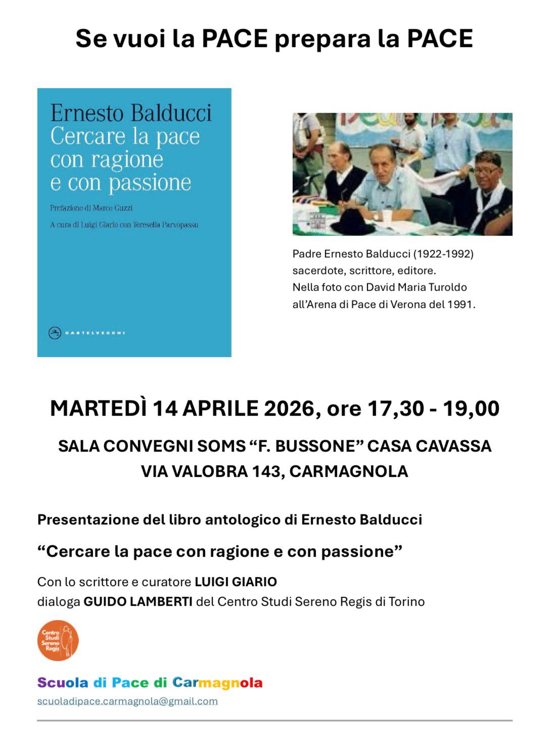 “Se vuoi la PACE prepara la PACE”, oggi 14 aprile alle 17,30 a Carmagnola