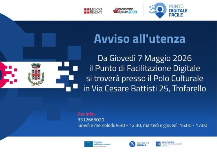 TROFARELLO – Il Punto di Facilitazione Digitale si sposta al Polo Culturale