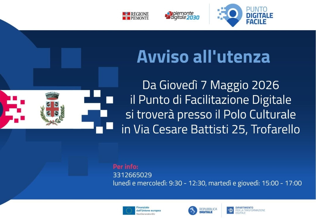 TROFARELLO – Il Punto di Facilitazione Digitale si sposta al Polo Culturale