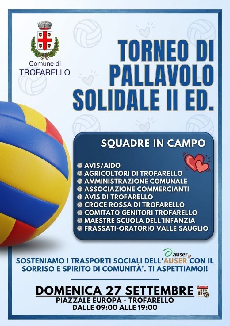 Domenica 27 settembre 2026 a Trofarello gara di solidarietà con il Torneo di Pallavolo Solidale