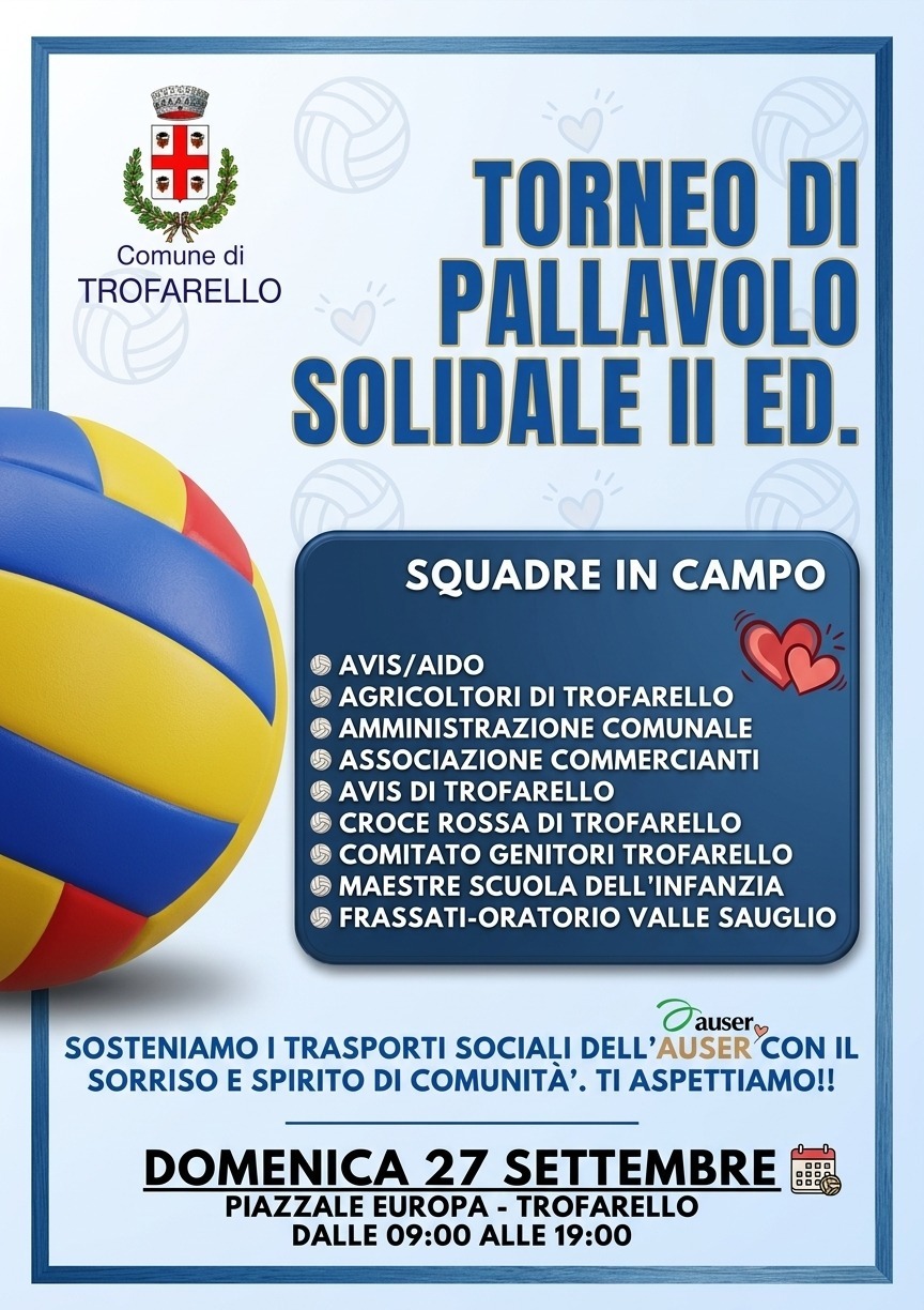 Domenica 27 settembre 2026 a Trofarello gara di solidarietà con il Torneo di Pallavolo Solidale